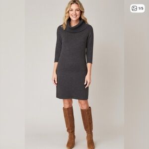 Talbots Women's Turtleneck Midi Sweater Dress Italian Merino Wool Gray Size M